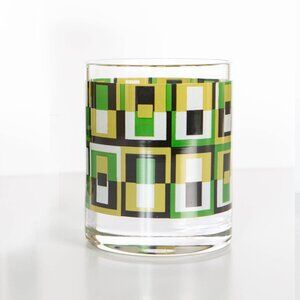 Mid-Century Modern Geometric Green Squares Lowball Rocks Glass